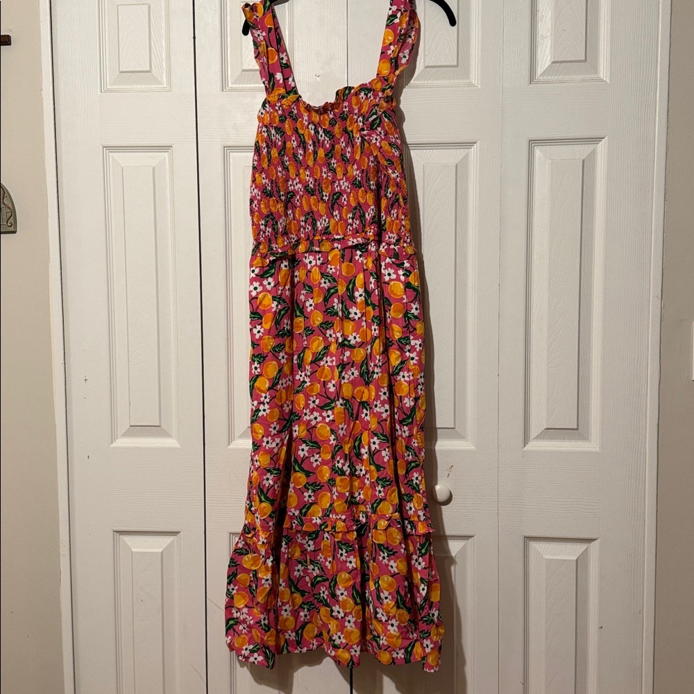 Draper James Pink and Orange smocked Kimberly Floral midi Dress